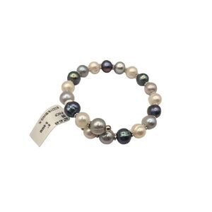 New Freshwater Cultured Pearl Bracelet Bangle Gray Shite Sterling Silver Beaded